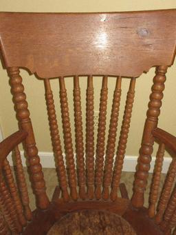 Scarce Find Remarkable Early Ball Design Curved High back Oak Rocker Rocking w/ Cushion
