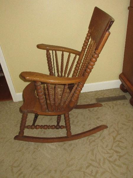 Scarce Find Remarkable Early Ball Design Curved High back Oak Rocker Rocking w/ Cushion