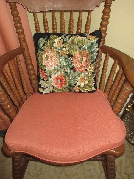 Scarce Find Remarkable Early Ball Design Curved High back Oak Rocker Rocking w/ Cushion