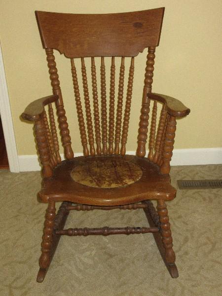 Scarce Find Remarkable Early Ball Design Curved High back Oak Rocker Rocking w/ Cushion