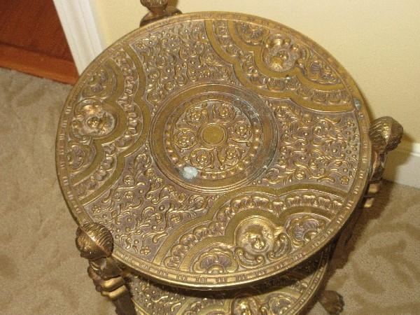 French Inspired Heavily Embellish Brass Tone Round Two-Tier Side Table