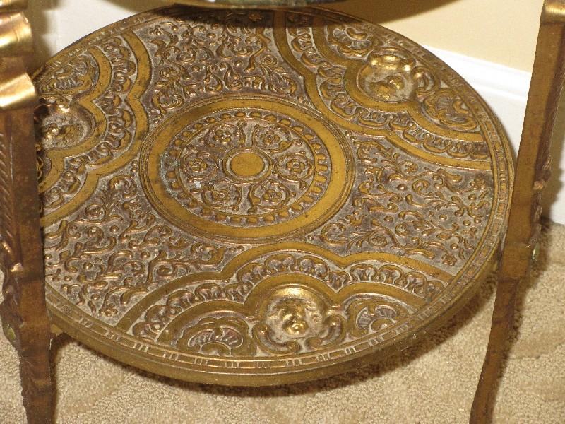 French Inspired Heavily Embellish Brass Tone Round Two-Tier Side Table
