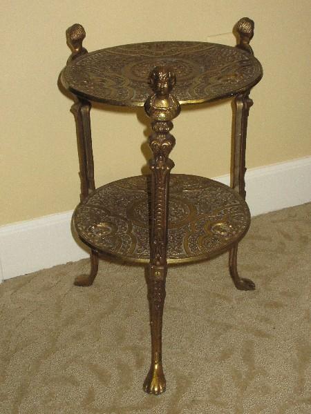 French Inspired Heavily Embellish Brass Tone Round Two-Tier Side Table