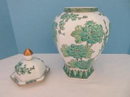 Gold Imari Semi-Porcelain Hexagon Ginger Jar w/ Lid Hand Painted Cherry Blossoms