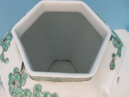 Gold Imari Semi-Porcelain Hexagon Ginger Jar w/ Lid Hand Painted Cherry Blossoms