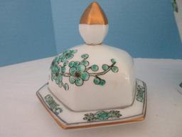 Gold Imari Semi-Porcelain Hexagon Ginger Jar w/ Lid Hand Painted Cherry Blossoms