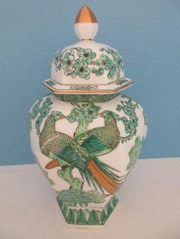 Gold Imari Semi-Porcelain Hexagon Ginger Jar w/ Lid Hand Painted Cherry Blossoms