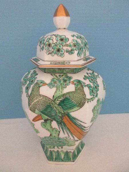 Gold Imari Semi-Porcelain Hexagon Ginger Jar w/ Lid Hand Painted Cherry Blossoms