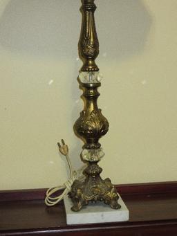 Ornate Brass Tone 26" Rococo Style Table Lamp w/ Faceted Crystal Accents