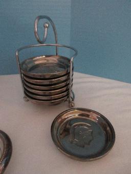 Group - Crystal Coasters, 2 New Boxes Silverplated Engraved Design Coasters w/ Stand
