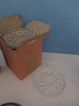 Group - Crystal Coasters, 2 New Boxes Silverplated Engraved Design Coasters w/ Stand