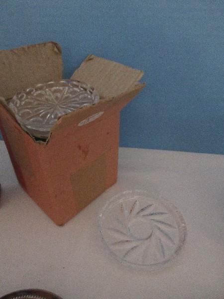 Group - Crystal Coasters, 2 New Boxes Silverplated Engraved Design Coasters w/ Stand