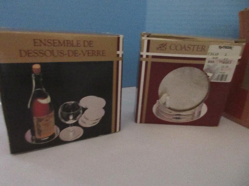 Group - Crystal Coasters, 2 New Boxes Silverplated Engraved Design Coasters w/ Stand