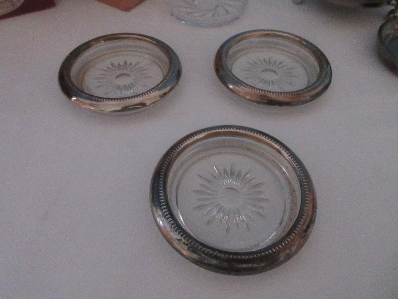 Group - Crystal Coasters, 2 New Boxes Silverplated Engraved Design Coasters w/ Stand