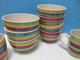 30 Pieces - Gibson Home Stoneware Rainbow Swirl Pattern Bright & Bold Colorful Dinnerware