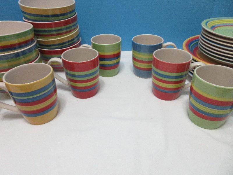 30 Pieces - Gibson Home Stoneware Rainbow Swirl Pattern Bright & Bold Colorful Dinnerware