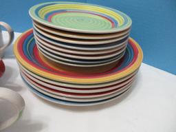 30 Pieces - Gibson Home Stoneware Rainbow Swirl Pattern Bright & Bold Colorful Dinnerware