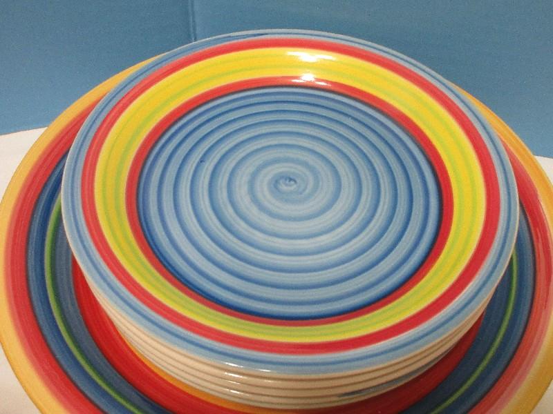 30 Pieces - Gibson Home Stoneware Rainbow Swirl Pattern Bright & Bold Colorful Dinnerware