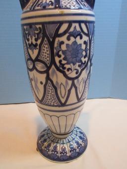 Semi-Porcelain Blue/White Oriental Floral Medallion Design 18" Double Handled Vase