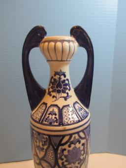 Semi-Porcelain Blue/White Oriental Floral Medallion Design 18" Double Handled Vase