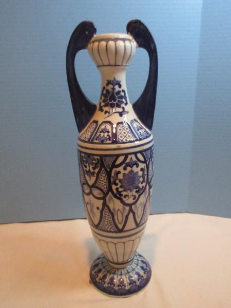 Semi-Porcelain Blue/White Oriental Floral Medallion Design 18" Double Handled Vase