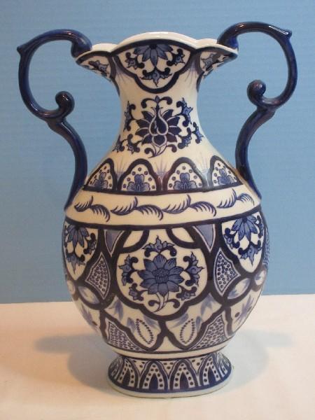 Semi-Porcelain Blue/White Asian Floral Intricate Design 12 1/2" Double Scroll Handle Vase