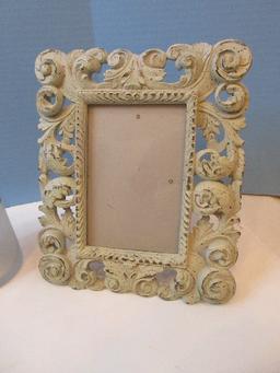 Group - Resin Rococo Style Picture Frame 11 1/2" x 9 1/4", 2 Textured Glass Cylinder Vanity Jars