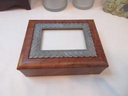 Group - Resin Rococo Style Picture Frame 11 1/2" x 9 1/4", 2 Textured Glass Cylinder Vanity Jars