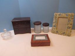 Group - Resin Rococo Style Picture Frame 11 1/2" x 9 1/4", 2 Textured Glass Cylinder Vanity Jars