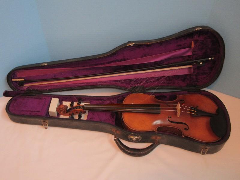 Fine Old Violin Fiddle Tiger Maple Back/Sides & Spruce Wood Top Plate w/ Bow, Strings