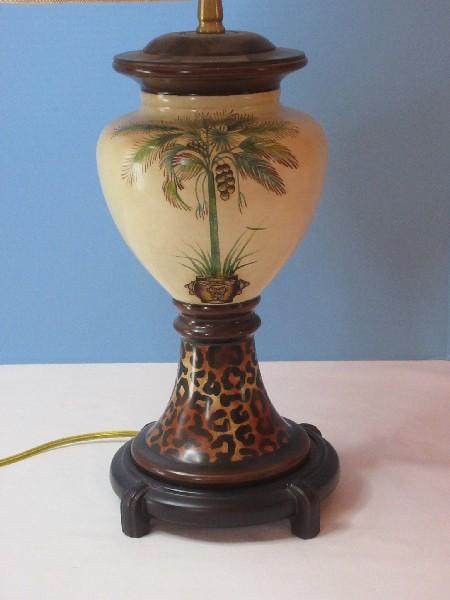 Awesome Ceramic Pedestal Vase Form 30" Table Lamp Hand Painted Palm in Planter