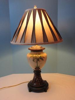 Awesome Ceramic Pedestal Vase Form 30" Table Lamp Hand Painted Palm in Planter