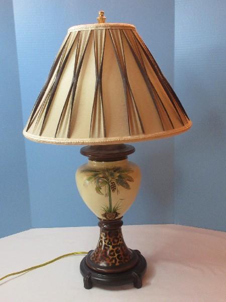 Awesome Ceramic Pedestal Vase Form 30" Table Lamp Hand Painted Palm in Planter