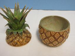 2 Piece - Brass Figural Pineapple Enamelware Trinket/Candy Box