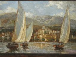 Magnificent Mediterranean Seaside Village Landscape w/ Sailboats Painting