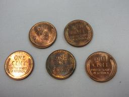 Five 1957-D Error Die Chip on Date Filling in Top Lincoln Cent Wheat Penny Coins Denver Mint