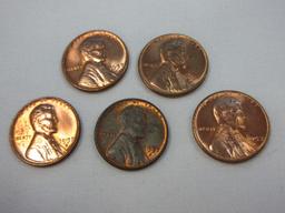 Five 1957-D Error Die Chip on Date Filling in Top Lincoln Cent Wheat Penny Coins Denver Mint