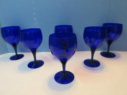 Set - 6 Cobalt Glass Hand Blown Iced Tea 6 3/8" Goblets Stemware