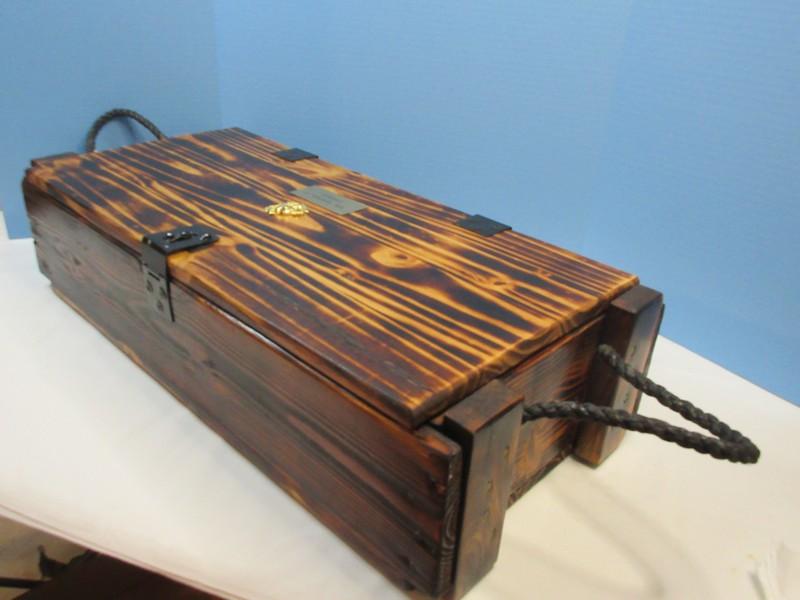 Rustic Burnt Pine Trunk Locker w/Braided Rope Handles Distressed Patina Marine Corps Emblem