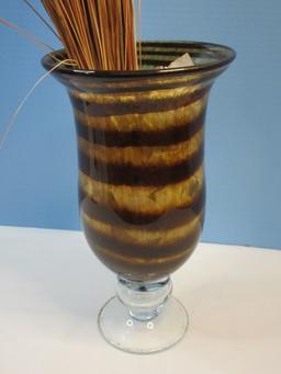 Art Glass Mottled Amber Swirl Design Flared Rim Vase with Dried Grass Arrangement