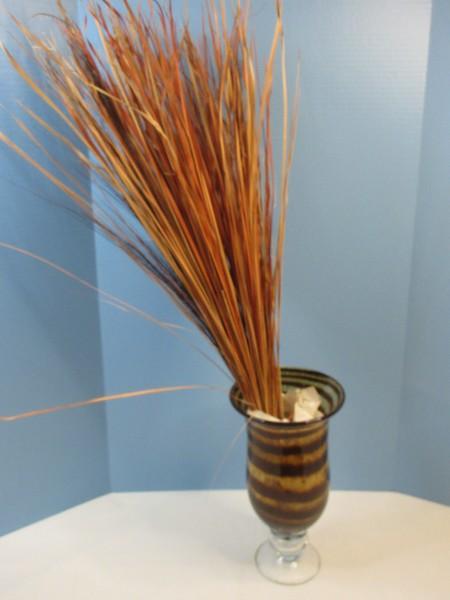Art Glass Mottled Amber Swirl Design Flared Rim Vase with Dried Grass Arrangement