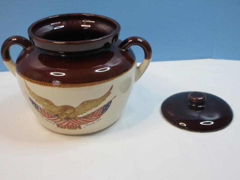 Nelson McCoy Pottery Spirit of '76 Bean Pot Crock with American Eagle and Flags