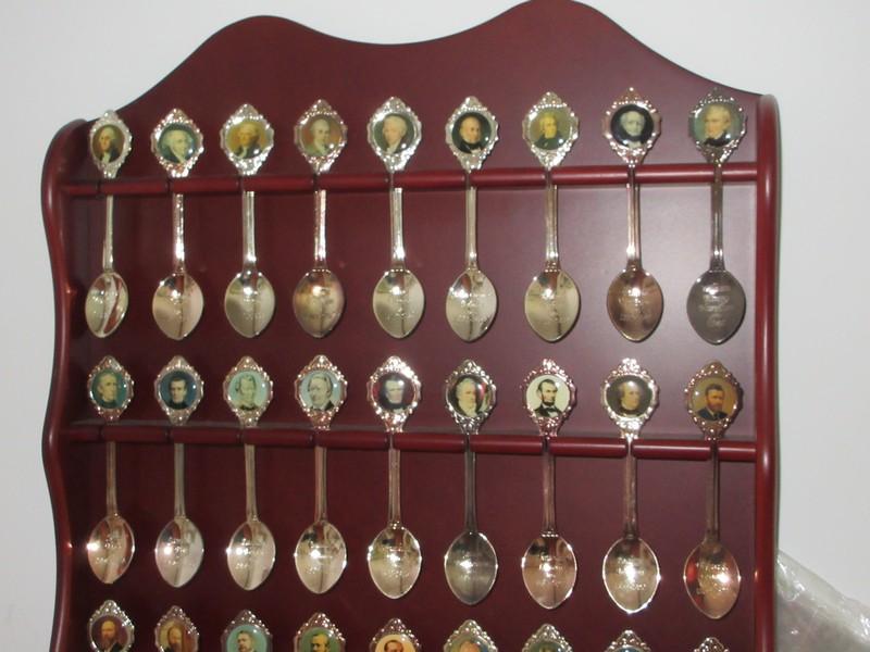 43 M.B.I. Presidential Collector Spoons with Willabee and Ward Display Wall Rack