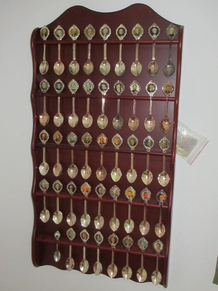 43 M.B.I. Presidential Collector Spoons with Willabee and Ward Display Wall Rack