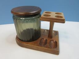 Vintage Walnut Pipe Stand with Glass Humidor Tobacco Jar and Wood Lid