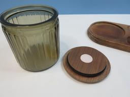 Vintage Walnut Pipe Stand with Glass Humidor Tobacco Jar and Wood Lid