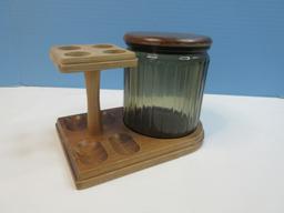 Vintage Walnut Pipe Stand with Glass Humidor Tobacco Jar and Wood Lid
