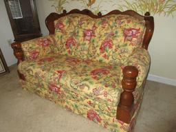 Early American Style Loveseat Floral Botanical Yellow Background Upholstery Tufted Back