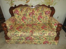 Early American Style Loveseat Floral Botanical Yellow Background Upholstery Tufted Back