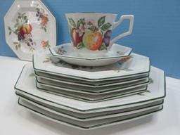 12 pcs. Johnson Brothers China Fresh Fruit Pattern GreenTrim Octagonal Shape Dinnerware